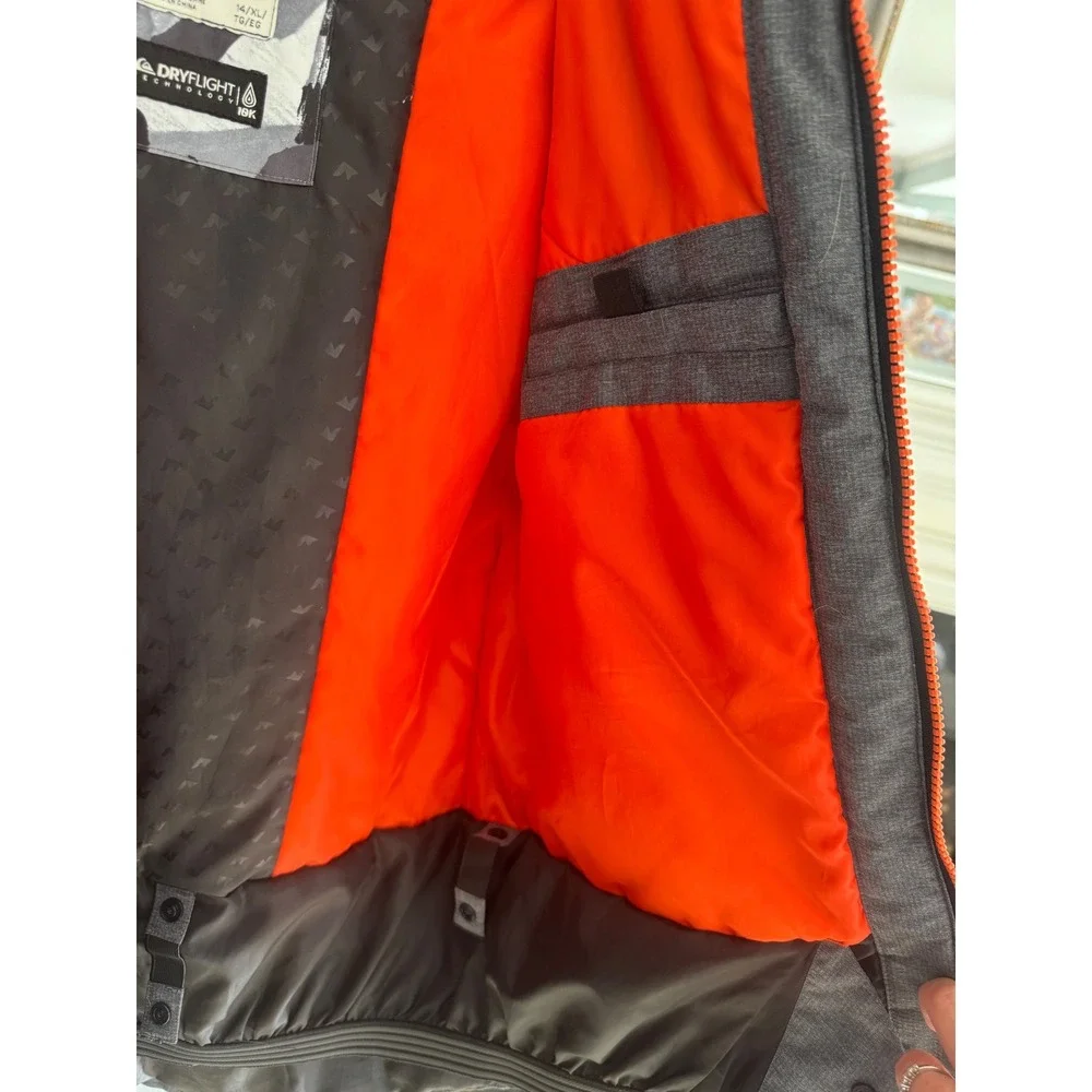 Quiksilver Kids Ski Snowboard Jacket Hooded‎ Orange Black Gray DryFlight Sz 14